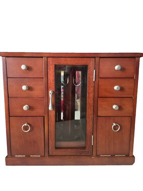 Brown Wooden Jewelry Box w/Mirror Necklace Hooks Drawers